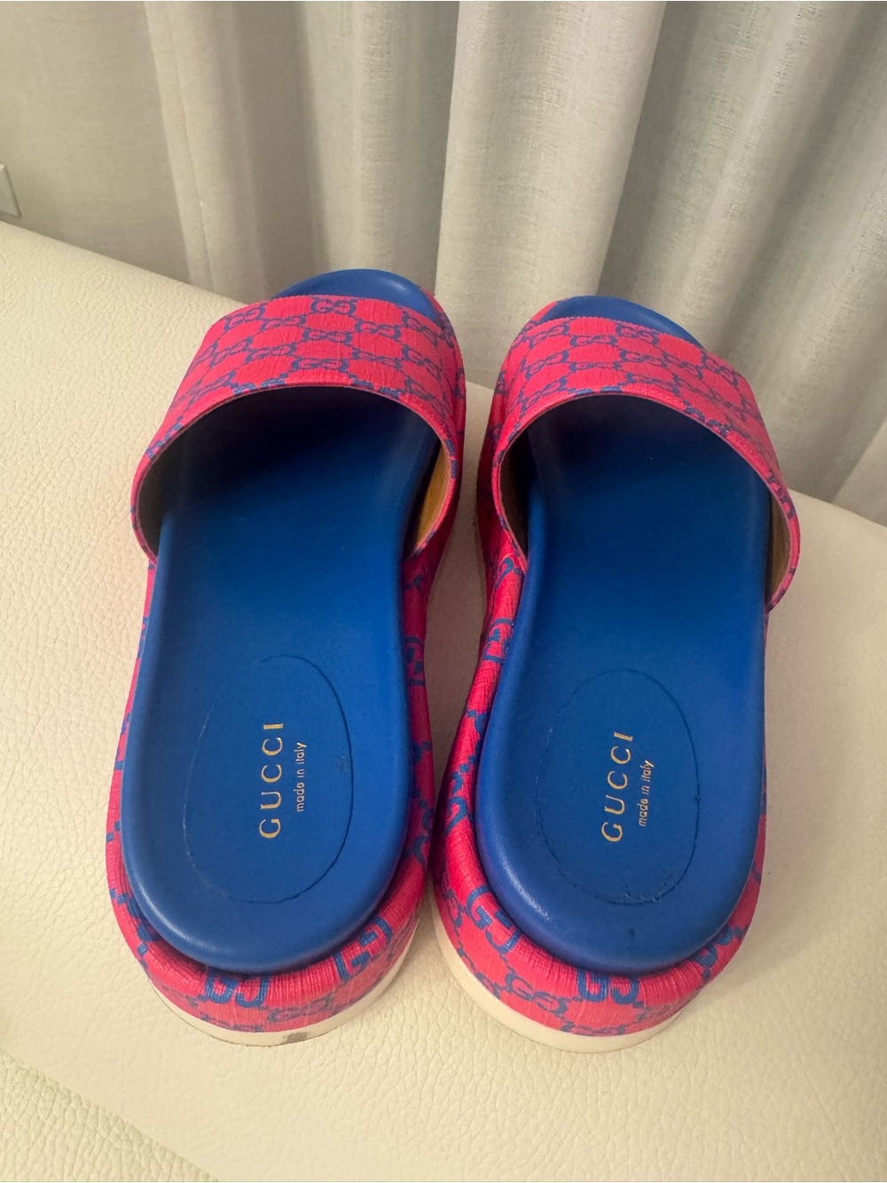Gucci Pink & Blue GG Canvas Platform Slides - Picture 2 of 3